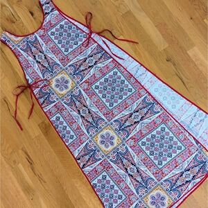 Vtg Full Length Long Smock Apron Red Blue Patchwork Print Side Tie Retro Kitchen